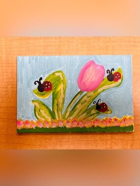 Hand-Painted Pink Tulip & Ladybug Canvas Art - Cheerful Home Accent 4x6